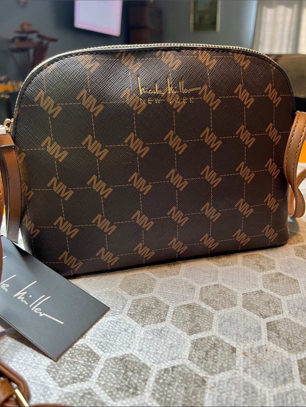 Nicole Miller Brown and Tan Logo Dome Crossbody Bag